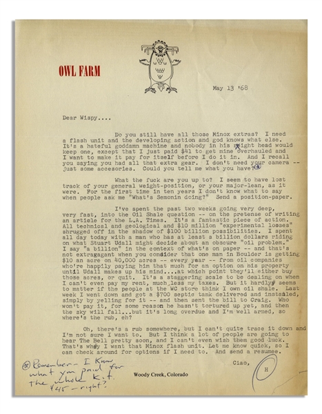 Hunter S. Thompson Letter Signed From 1968 With Additional Handwritten Note -- ...Its a fantastic piece of action...$10 million experimental losses shrugged off...
